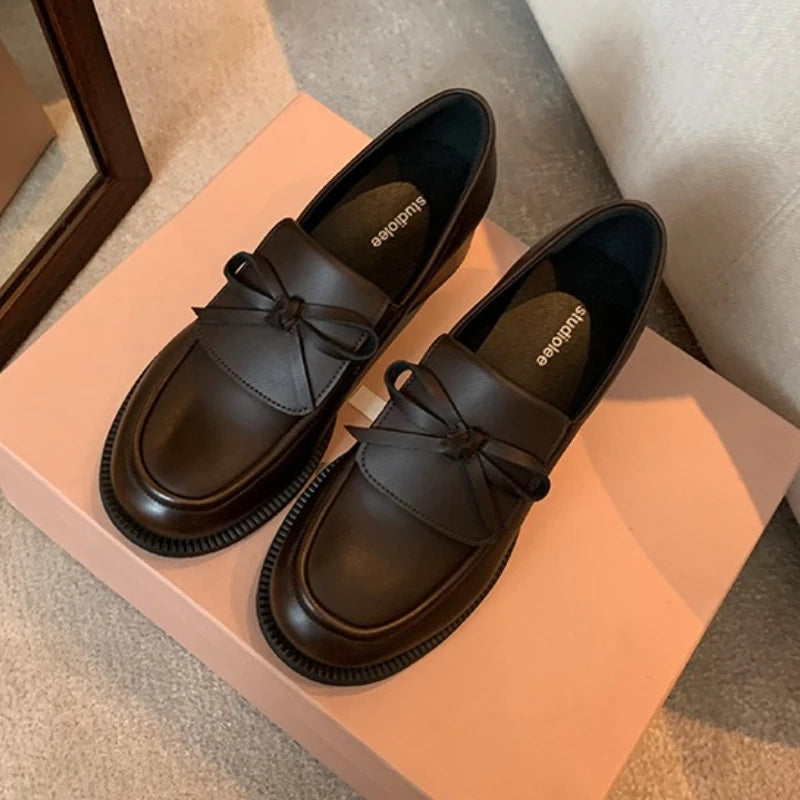 LIZAKOSHT  -  Retro Fashion Chunky Heel Loafers Women Bowknot Round Toe Comfort British Style Casual Soft Leather Shoes Zapatos De Mujer
