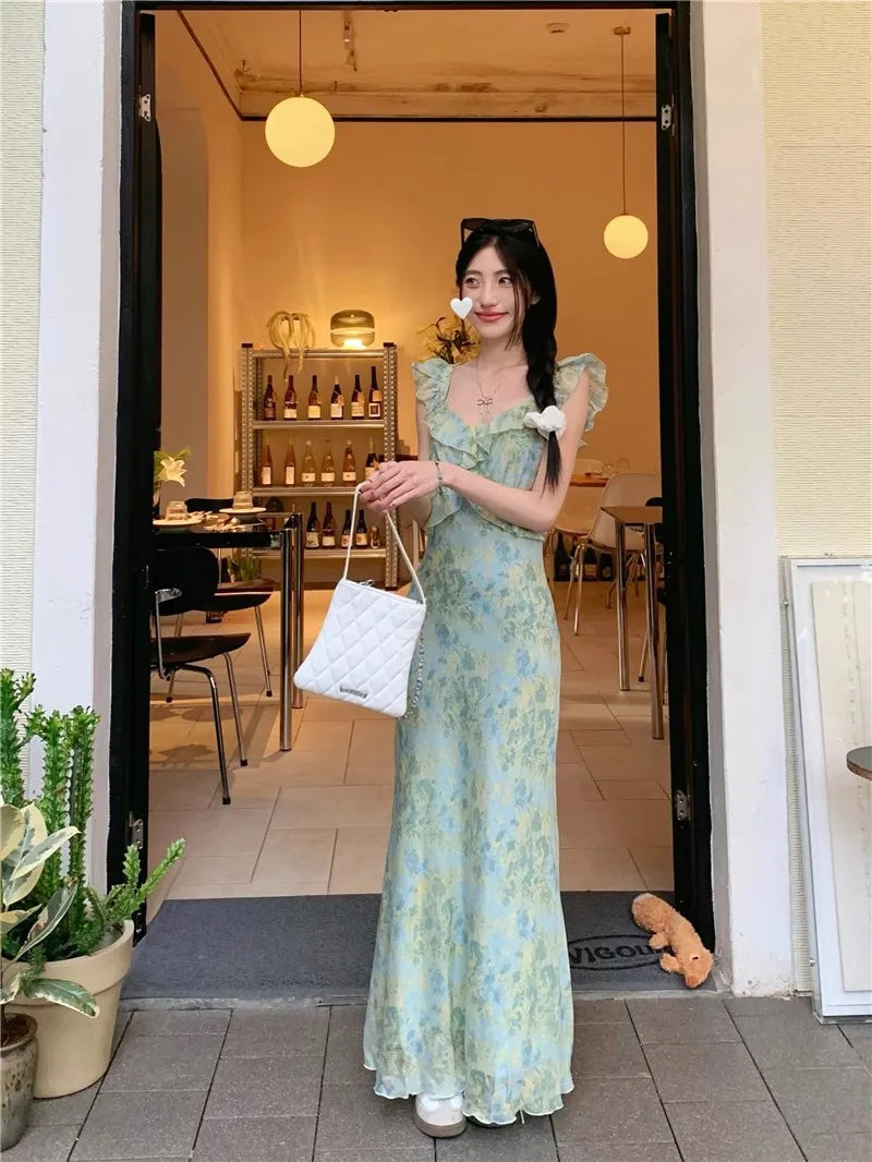 LIZAKOSHT  -  Women's French Style Floral Spaghetti Strap Maxi Dress Beach Vacation Dress