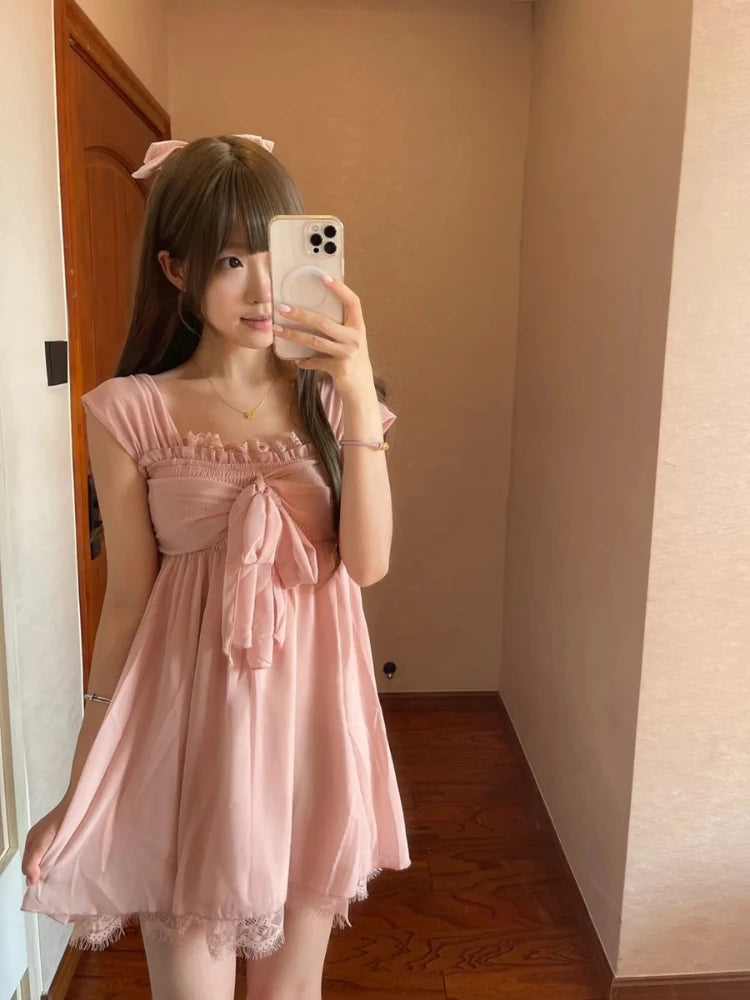  LIZAKOSHT  -  Sweet Lolita Kawaii Mini Dress Women Bowknot Off Shoulder Ruffle Lace Trim Loose Fit Princess Daily Kawaii Japanese Fashion