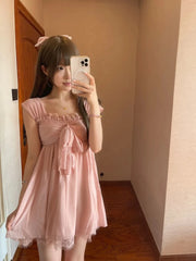  LIZAKOSHT  -  Sweet Lolita Kawaii Mini Dress Women Bowknot Off Shoulder Ruffle Lace Trim Loose Fit Princess Daily Kawaii Japanese Fashion