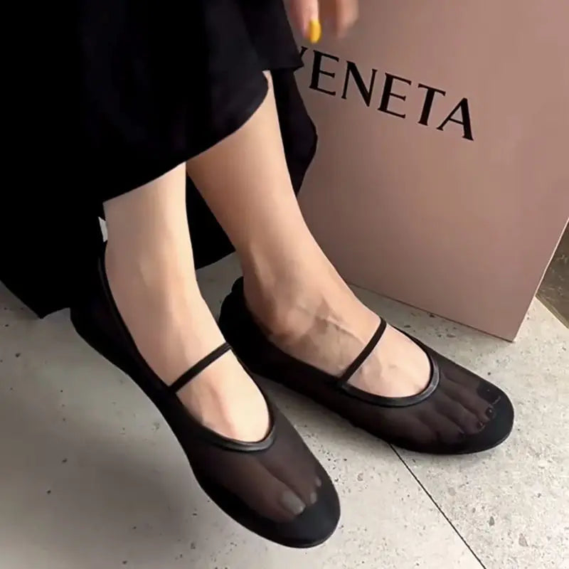 LIZAKOSHT  -  summer lace mesh flats women round toe elastic band mary janes shoes breathable moccasins women transparent soft loafers