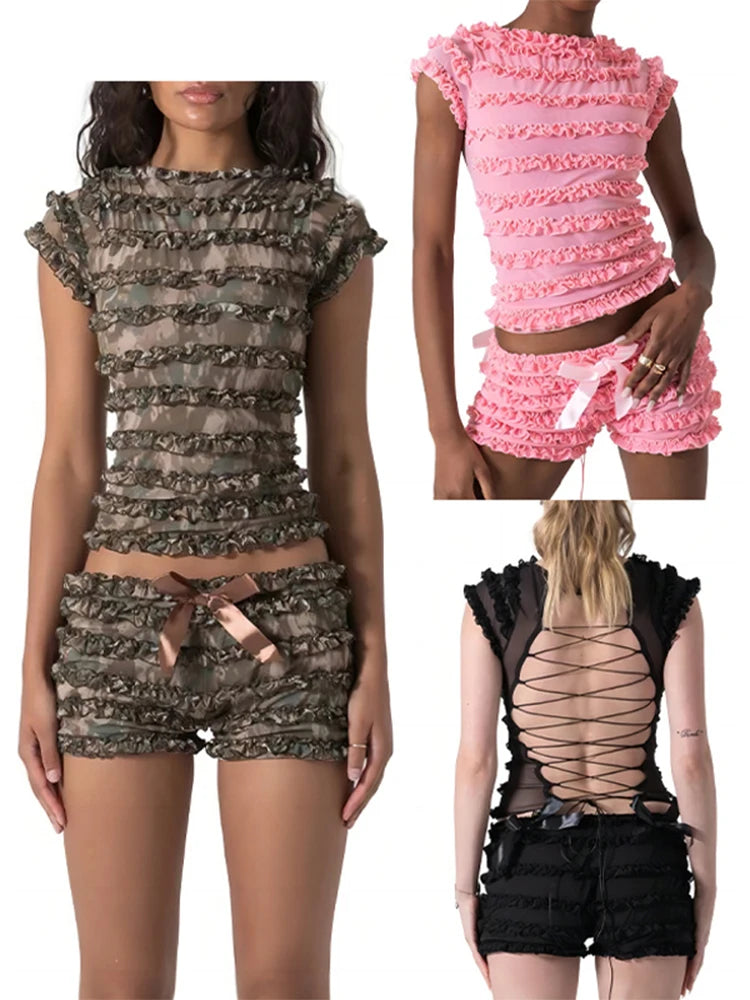 LIZAKOSHT  -  Fashion Pleated Women's Two Piece Suit O-neck Sleeveless Backless Top Loose Bow Short Pants 2025 Summer Female Causal Outfits
