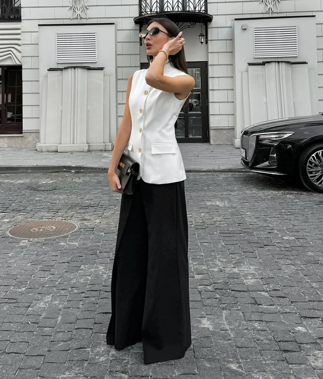 LIZAKOSHT  -  Women Sleeveless Blazer Vest White Office Waistcoat Slim Fit Workwear Summer Business Casual Top Elegant Stand Collar