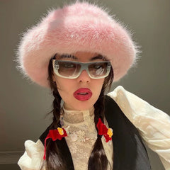 Lizakosht Luxury Faux Mink Fur Bucket Hat for Women Ins Winter Fluffy Plush Warm Fisherman Hat for High Quality Warm Thicken Beanies Hat