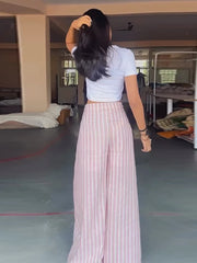 LIZAKOSHT  -  Pants Leg Stripe Women Trousers Adjustable Waist Wrap Loose Summer Floor Length Boho Palazzo Trousers Women Outfit For Women