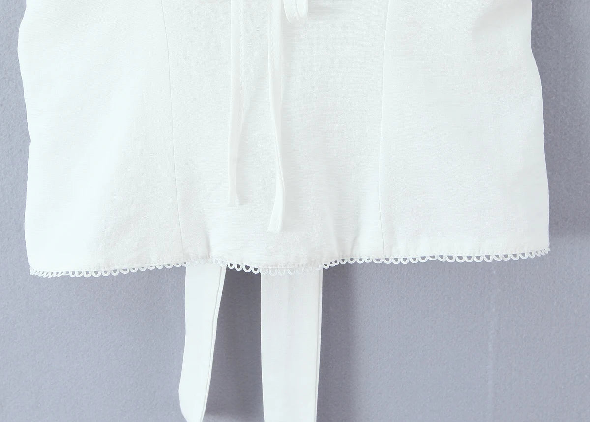 LIZAKOSHT  -  Sexy White V neck Low Ruched Bra Chest Tank Tops Women Tie Bow Sashes Zipper Back Crop Tank Girl Tee