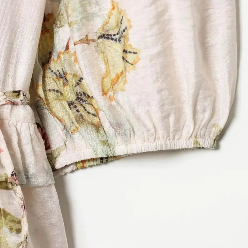 LIZAKOSHT  -  BOHO Light Pink Floral Print Tie Bow Sashes Wrap Shirt Short Women V neck Puff Sleeve Wood ears Waist Kimono Blouse Holiday Cape