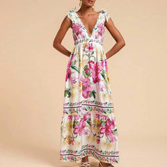 LIZAKOSHT  -  Women Fashion Print Loose Holiday Beach Dress Spring Double V Neck Backless Long Dress Summer Tie-up Sling Boho Maxi Dress Mujer