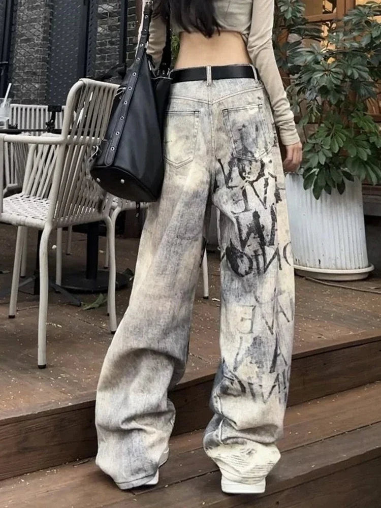 LIZAKOSHT  -  Y2K Letter Gradient Jeans Women Streetwear Fall American Vintage Denim Pants High Street Loose Straight Retro Wide Leg Trousers