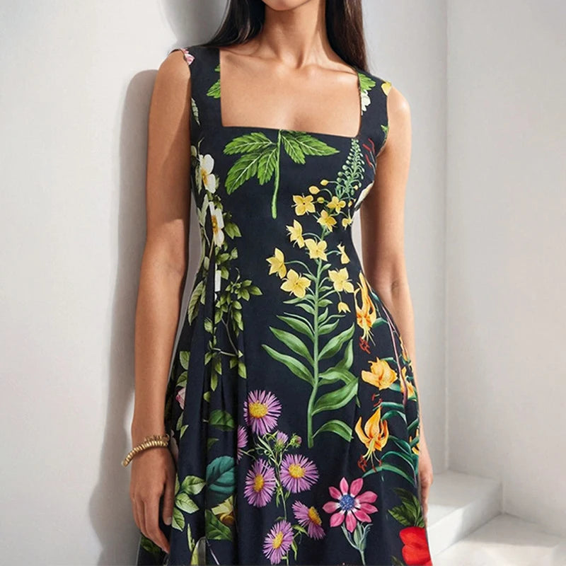 LIZAKOSHT  -  Women Elegant Flower Print Holiday Dress Fashion Hight Waist Sleeveless Bohemian Dress 2025 Sexy Off Shoulder A-Line Long Dress