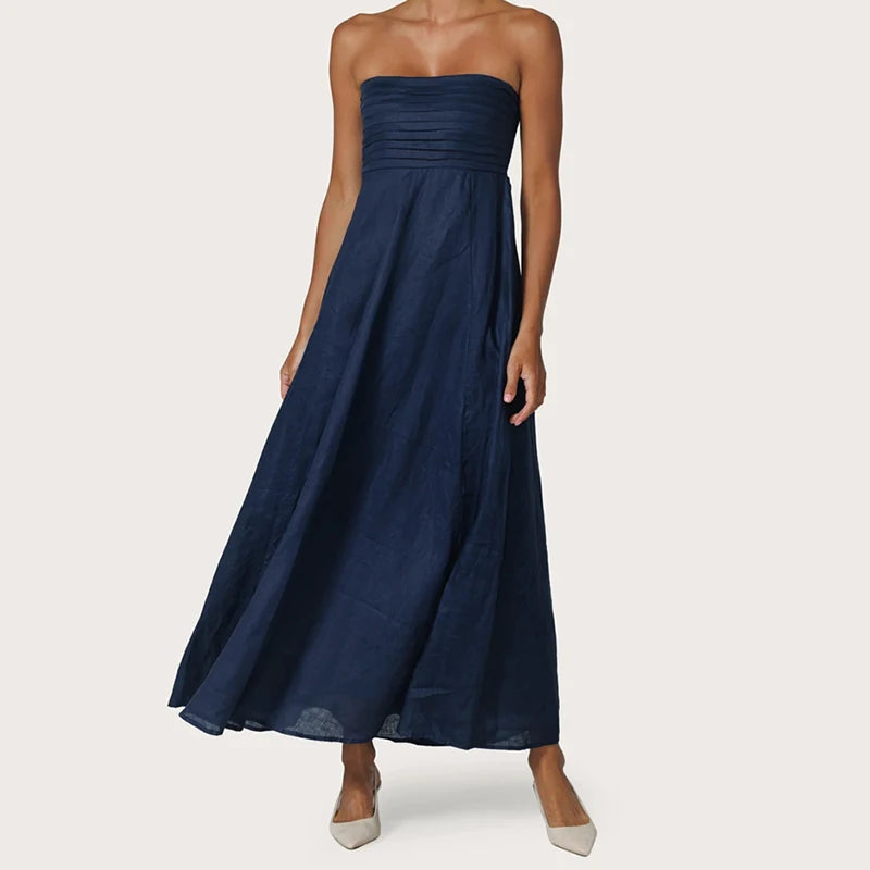 LIZAKOSHT  -  Women Tube Maxi Dress Ruched Strapless Bodice A Line Long Dress Elegant Lady Sleeveless Flowy Summer Sundress