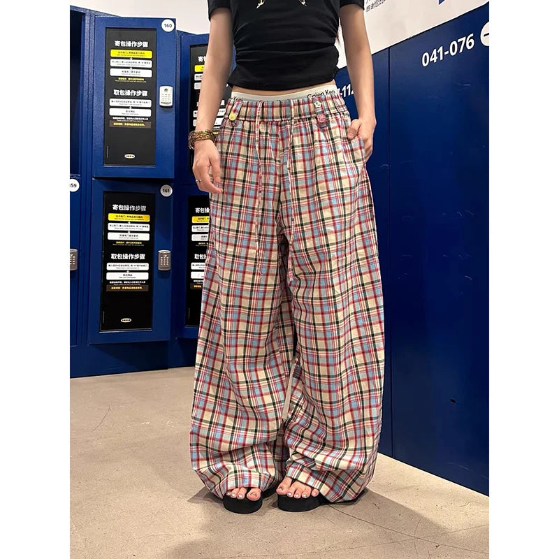 LIZAKOSHT  -   Women's Baggy Pants Oversize Sweatpants Plaid Long Pants Harajuku Japanese 2000s Style Y2k Vintage Trousers Clothes