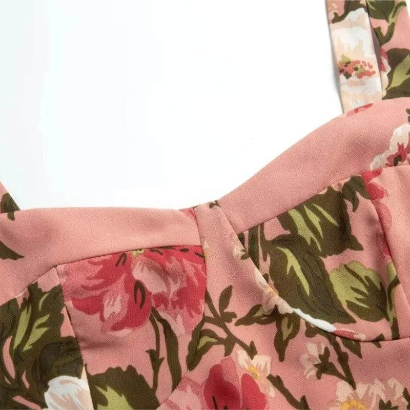 LIZAKOSHT  -  Women Tie Bow Strap Sleeveless Sexy Beach Robe Holiday Retro French Pink Flower Print V neck Corset Chest Style Midi Sling Dress
