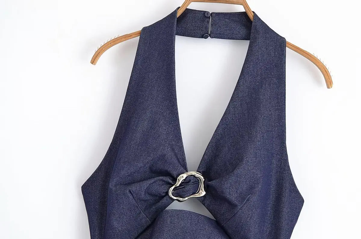 LIZAKOSHT  -  Denim Dress Summer 2025 New Fashion Slim V-neck Hanging Neck Elegant Long Dress Women Street Holiday Chic Youth Party Dress