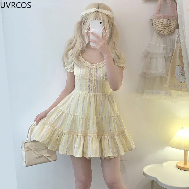 LIZAKOSHT  -  Japanese Kawaii Lolita Style Dress Women Sweet Flower Print Ruffles Square Neck Princess Dresses Female Cute Party Mini Dresses