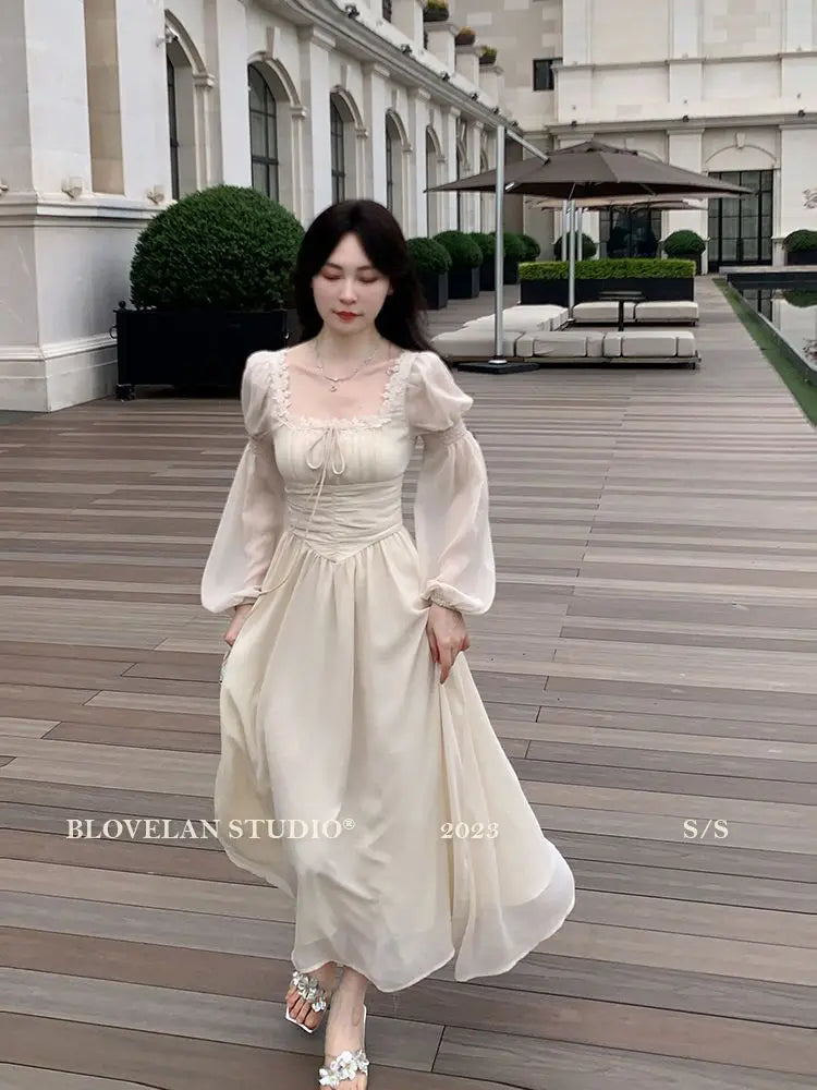 LIZAKOSHT  -  Elegant Square Collar Chiffo Dresses 2025 New Long Sleeve Dress for Women Y2k Early Autumn Slim Waist Vestidos De Mujer