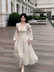 LIZAKOSHT  -  Elegant Square Collar Chiffo Dresses 2025 New Long Sleeve Dress for Women Y2k Early Autumn Slim Waist Vestidos De Mujer