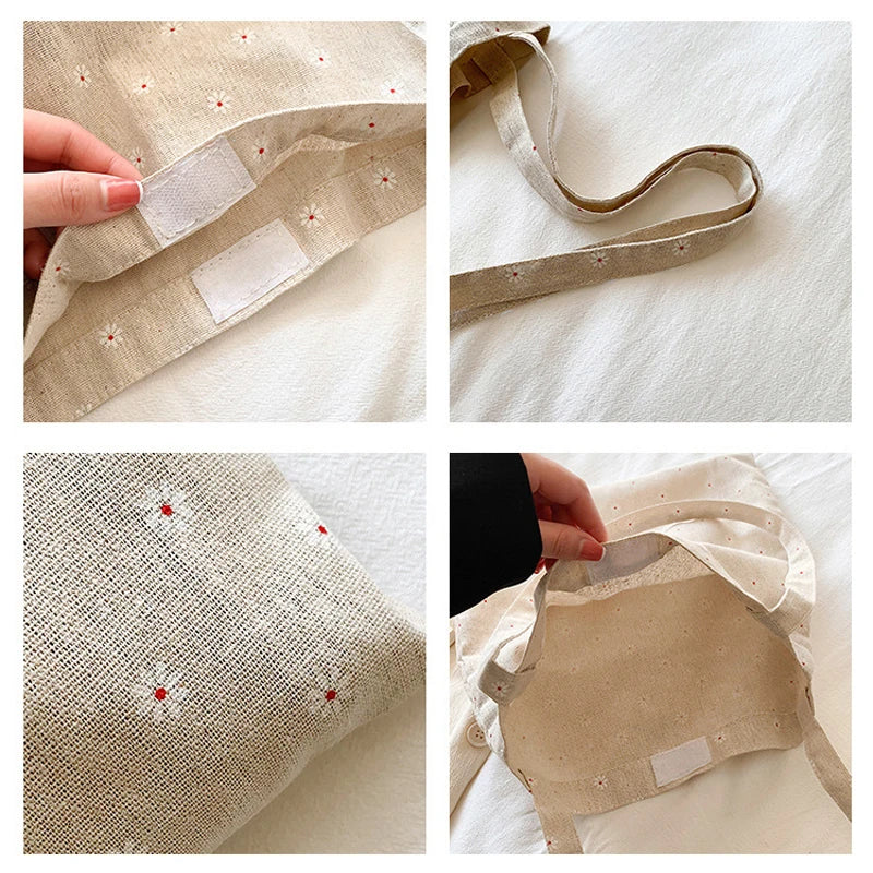 LIZAKOSHT  -  Linen Canvas Casual Female Tote Shoulder Bag Side Bag for Ladies Print Reusable Shopping Bags Handbag Eco Grocery