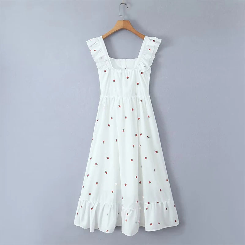 LIZAKOSHT  -  Women French Front Button Strawberry Print White Sexy Elegant Dress Flying Sleeve Square Neck Female Summer  Party Robe
