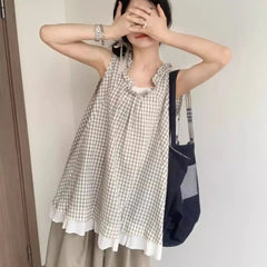 LIZAKOSHT  -  New Reduced Aging Checkered Fake Two Piece Sleeveless Splicing Summer Lace Sweet Loose Strap Top Tank Top