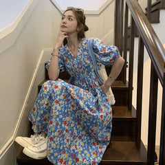 LIZAKOSHT  -  Vestidos Mujer Sweet Spring Summer Blue Print Floral Vintage Woman Dress Korean Fashion Puff Sleeve Long Dress