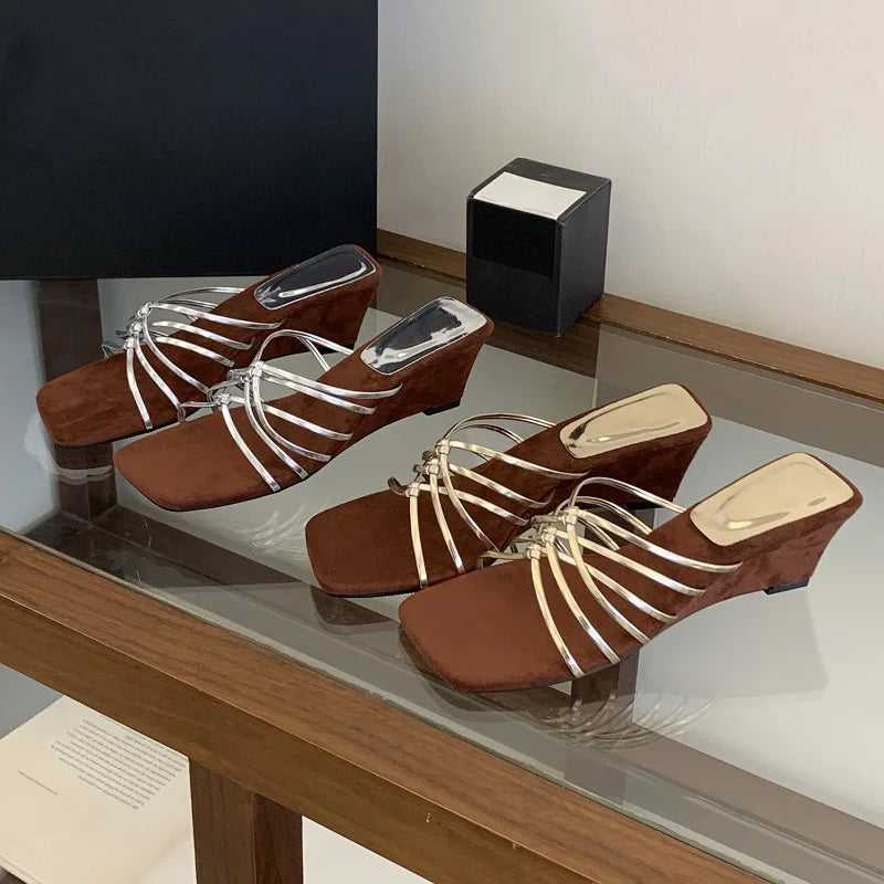 LIZAKOSHT  -  Summer Square Toe Narrow Band Women Slippers Designer Wedges High Heels Party Slides Shoes Zapatos De Mujer