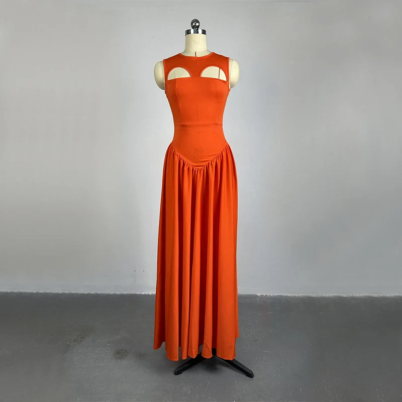 LIZAKOSHT  -  Women O Neck Summer Sleevelss Cut Out Low Waist Elegant Holiday Party Pleated A Line Sundress Chic Elastic Femme Maxi Robe