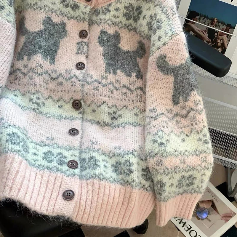 LIZAKOSHT  -  Kawaii Pink Knitted Cardigan Women Harajuku Cartoon Print Sweater Outerwears Korean Knitwears Winter Fashion Cute Jumpers