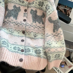LIZAKOSHT  -  Kawaii Pink Knitted Cardigan Women Harajuku Cartoon Print Sweater Outerwears Korean Knitwears Winter Fashion Cute Jumpers