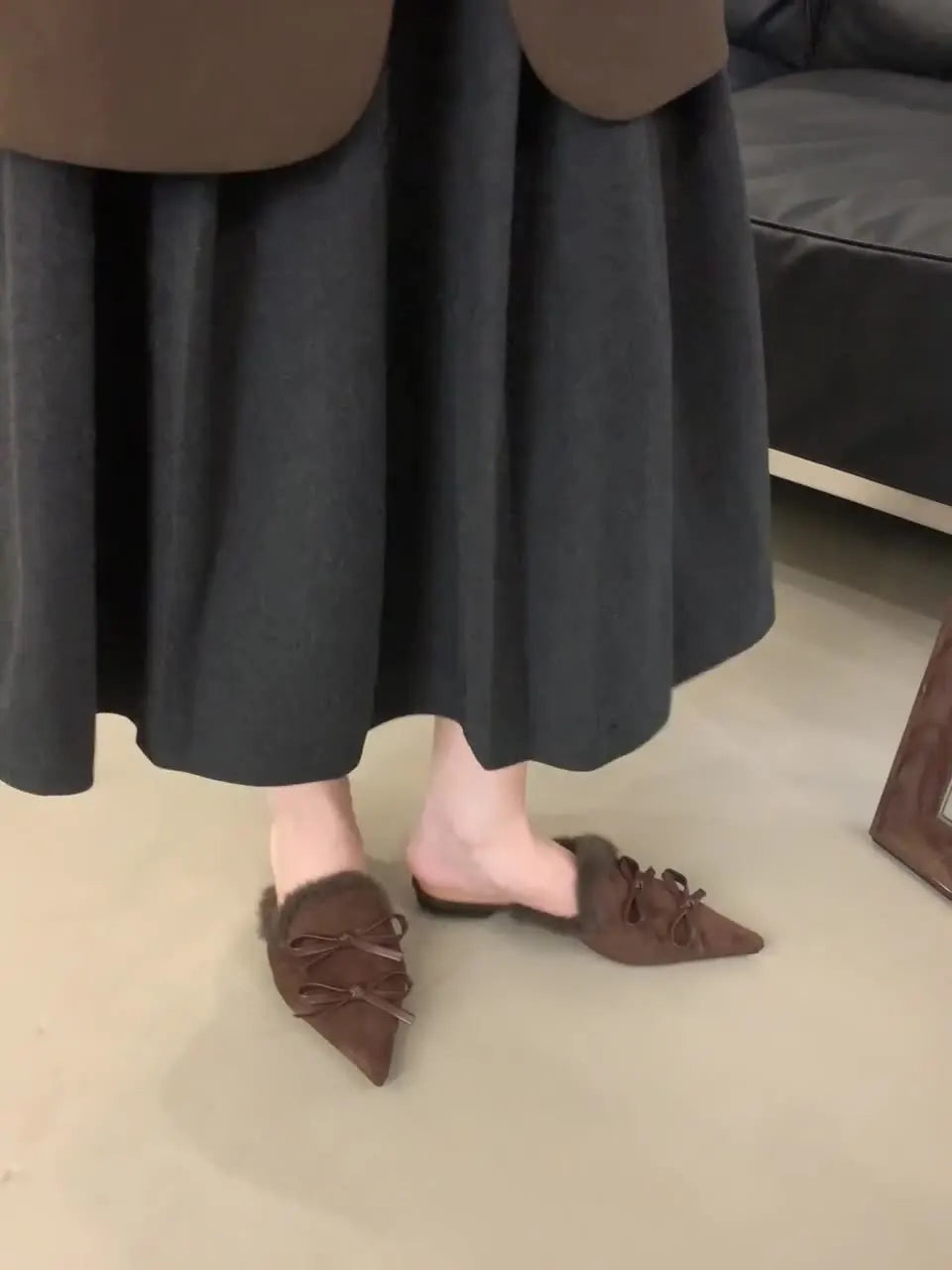 LIZAKOSHT  -  Flock Fur Shoes Low Slippers Flat Slides Pointed Toe Plush Rome Fabric PU Rubber Hoof Heels Shoes Woman Slippers Flat Low F