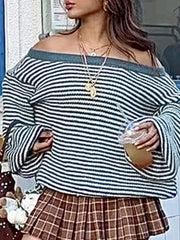 LIZAKOSHT  -  Casual Loose Striped Sweaters Basic Slash Neck Long Sleeve Knitted Pullovers Women Autumn Winter Fashion Streetwear