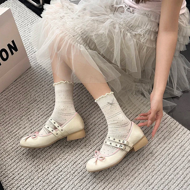 LIZAKOSHT  -  Lolita Style Sweet Low Heel Women Mary Jane Shoes Designer Buckle Strap Pumps Ladies Eelgant Floral Print Dress Leather Shoes