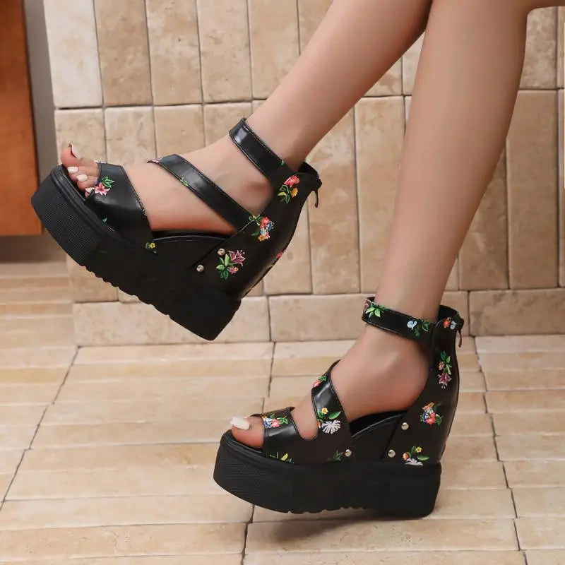 LIZAKOSHT  -  Rose Print Wedge Heel Ankle Strap Sandals Women Summer Rear Zip Chunky Platform Sandals Fashion Super High Heel Shoes