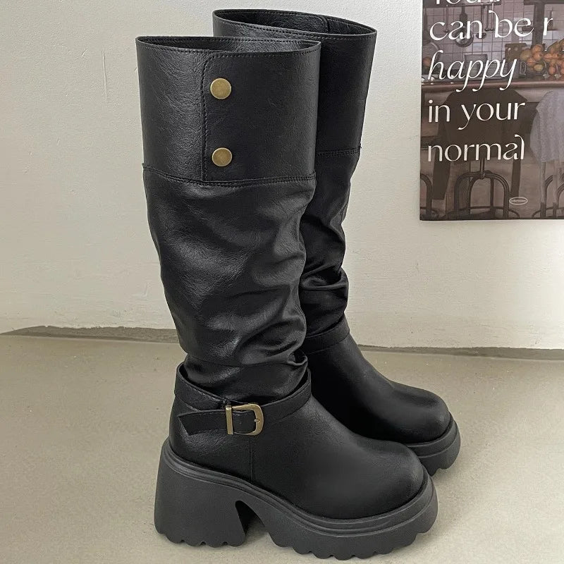 LIZAKOSHT  -  Winter Punk Style Woman Platform Knight Boots Fashion Belt Buckle Shoes Ladies Concise Height Increase Long Booties