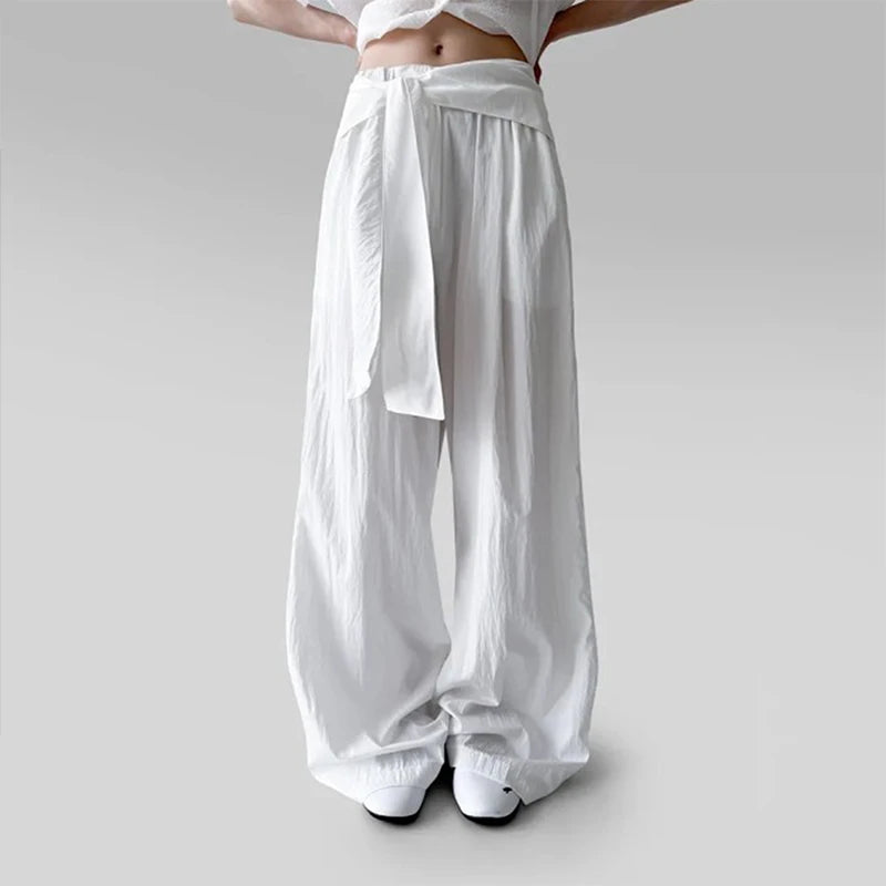 LIZAKOSHT  -  Female Harajuku Casual Style Simple High Waist Quick Drying Drop Folds Straight Leg Pants Versatile Strappy Design Trousers