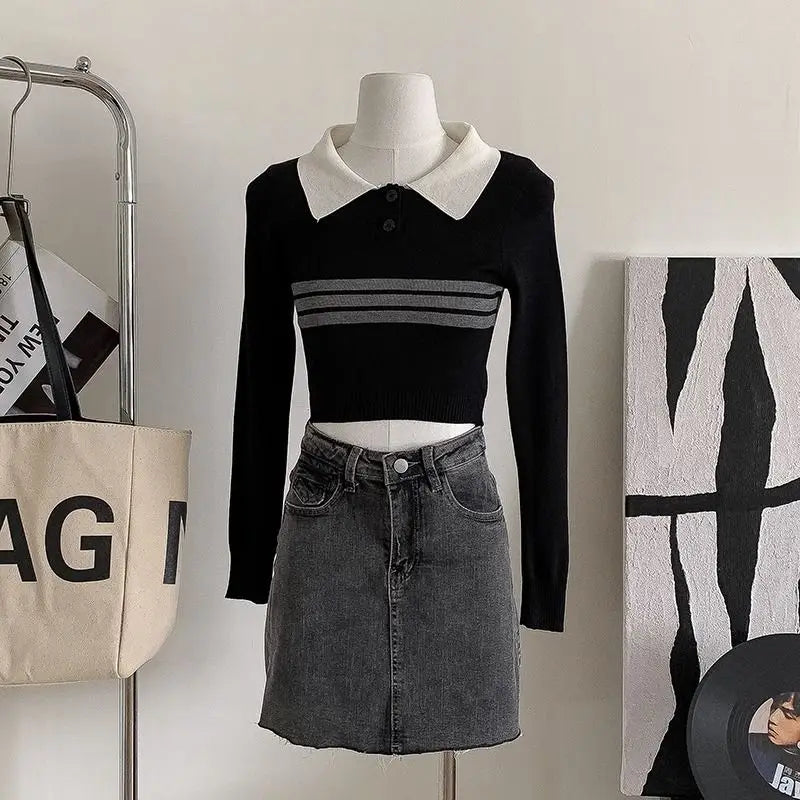 LIZAKOSHT  -  Knitted Sweater Contrast Lapel Striped College Style Long Sleeve Women'S Spring And Autumn Korean Style High Waisted Short Top