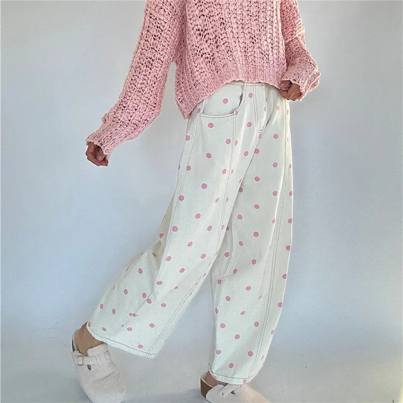 LIZAKOSHT  -  Polka Dot Jeans Women Y2K Print High Waisted Wide Leg Denim Pants Vintage Stretchy Boyfriend Jeans 90s 00s Streetwear