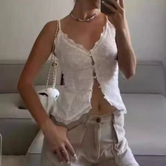 LIZAKOSHT  -  Lace Border V-neck Button Patch Thin Shoulder Strap Women's Summer White Elegant Sexy Short Versatile Single Breasted Button Top