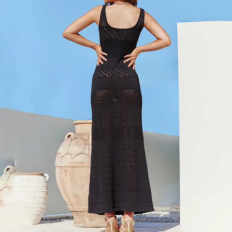 LIZAKOSHT  -  Summer Casual Hollow Out Knitted Slim Dress Female Sleeveless Lace-up Holiday Beach Dress Women Seaside V-Neck Long Dress