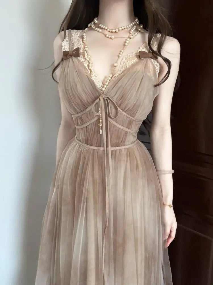 LIZAKOSHT  -  Korean Fashion Elegant Vintage Tie Dye Apricot Tulle Lace V Neck Sleeveless Tie Waist Maxi Dress Women Vacation Party Daily Wear