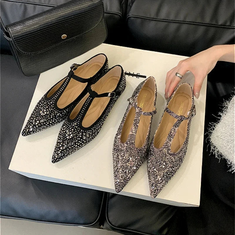 LIZAKOSHT  -  Luxury Designer Flats Mary Jane Shoes Bling Pointed Toe T-Strap Soft Sole Women Shoes Shallow Comfort Dress Shoes Zapatos Mujer