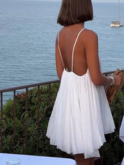 LIZAKOSHT  -  Sexy Backless White Mini Dress For Women Fashion V-neck Sleeveless Backless Sling A-line Dresses 2024 Lady Beach Vacation Robes