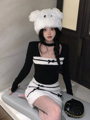 LIZAKOSHT  -  Women Sexy Two Piece Sets Fall Winter Long Sleeve Hollow Out Patchwork Cropped Tops Fashion Bow Striped Hotsweet Sexy Mini Skirt