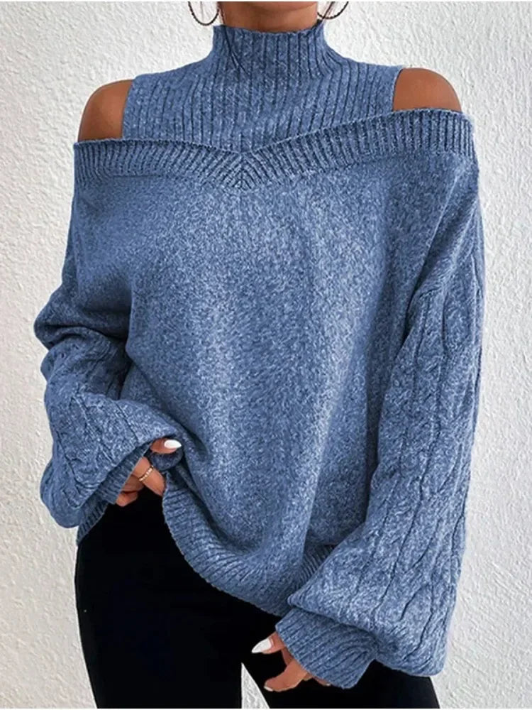 LIZAKOSHT  -  Female Solid Color High Neck Sweater New Long Sleeves Loose Hollow Cold Shoulder Casual Kintted Pullovers Tops
