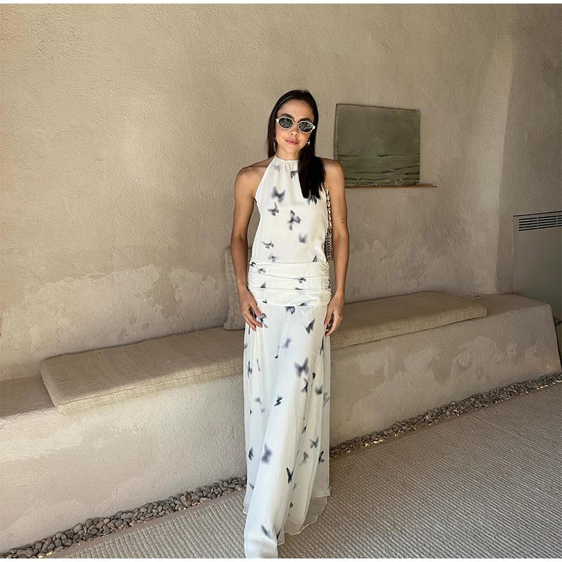 LIZAKOSHT  -  Sexy Printed Halter Long Dresses Women Fashion Sleeveless Backless High Waist Slim Maxi Dress 2025 Lady Summer Chic Casual Robes