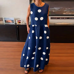 LIZAKOSHT  -  Leisure Crew Collar Sleeveless Polka Dot Printed Dress Summer Fashion Loose Pleated Maxi Dress Elegant High Waist Vacation Dress
