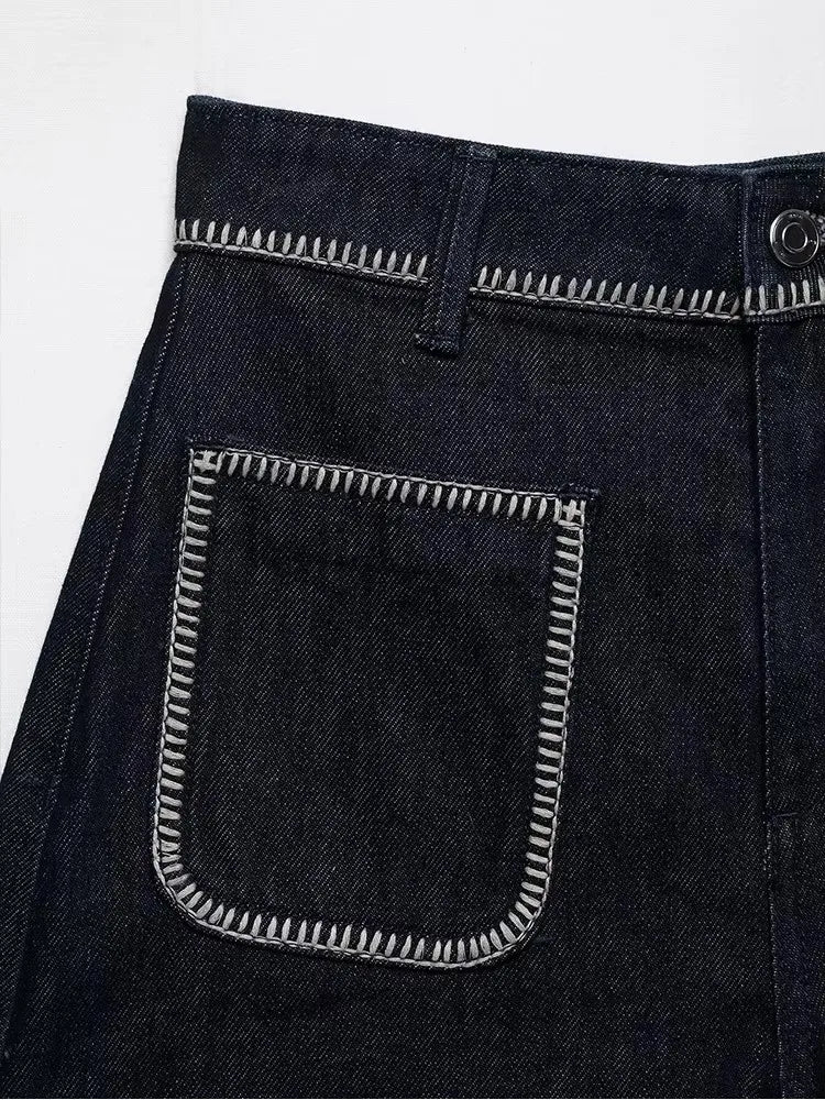 LIZAKOSHT  -  Fashion Denim Shorts For Women Summer 2025 New Casual Black Zipper Pockets Short Pants Chic Bright Line Decoration Mini Shorts