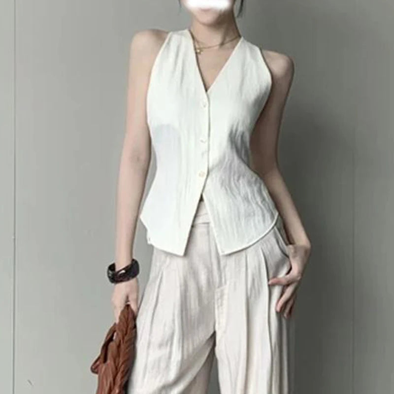 LIZAKOSHT  -  Women's V-Neck Single Breasted Sleeveless Vest New Fashion Summer Linen-Blend Waistcoat For Women Casual Chic Ladies Vest Tops