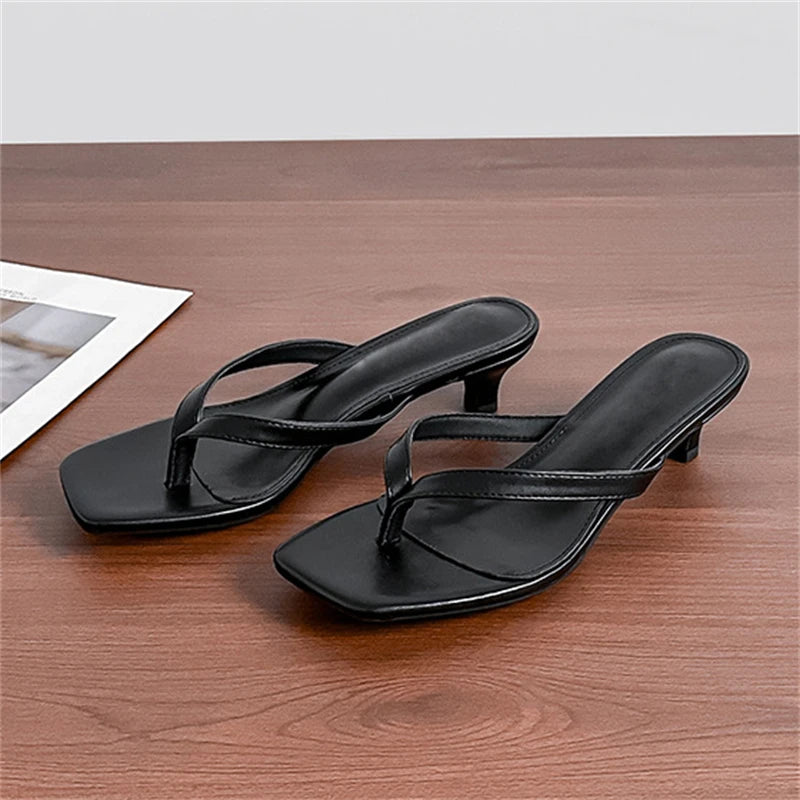 LIZAKOSHT  -  Summer Fashion Square Clip Toe Thin Low Heels Women Slippers Elegant Flip Flops Ladies Shoes Outdoor Casual Sandals
