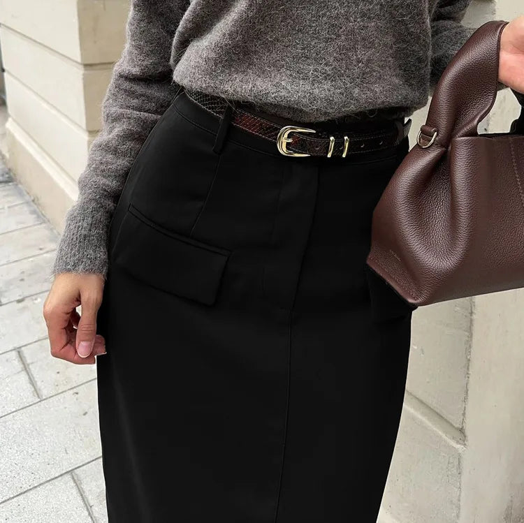 LIZAKOSHT  -  2026 Fashion Black Pockets Women's Skirt Elegant High Waisted Straight Skirts Casual Solid Ankle-Length Skirts Female Clothing
